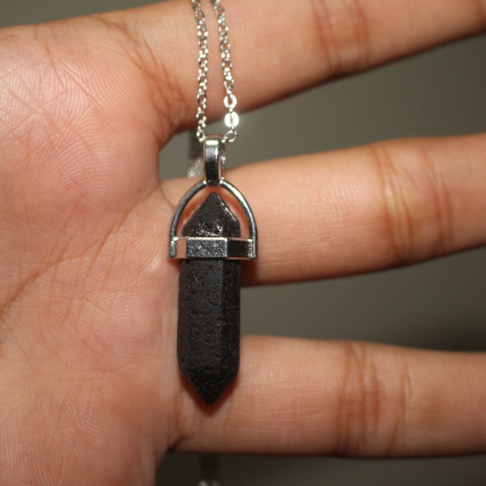 Black Lava Stone Hex Crystal Pendant Necklace – Silver Tone Chain - Picture 4 of 8